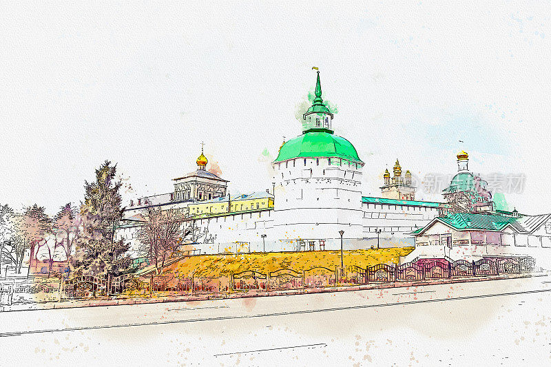 俄罗斯谢尔盖耶夫波萨德的世界遗产圣谢尔盖乌斯的Trinity Lavra水彩画。